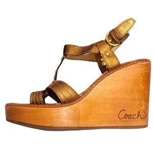 COACH MAYRA Wood Wedge Logo Platform Heel Sandals Metallic Bronze Gold Size 8